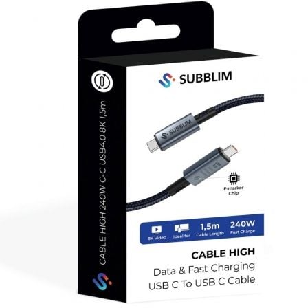 Cable usb 4.0 tipo-c subblim cable high/ usb tipo-c macho - usb tipo-c macho/ hasta 240w/ 40gbps 1.5m/ negro