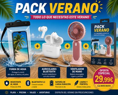 Pack Verano Premium – Funda Impermeable + Auriculares Bluetooth 5.3 + Ventilador de Mano Recargable