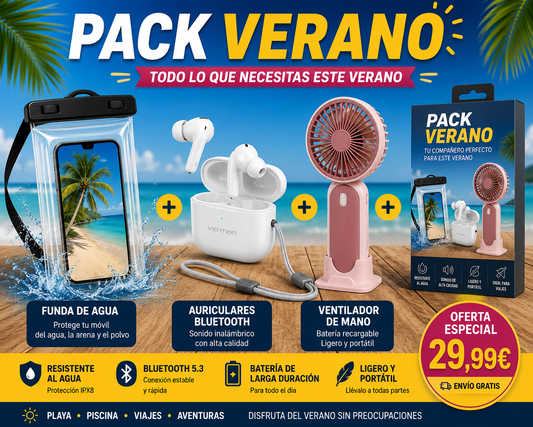 Pack Verano Premium – Funda Impermeable + Auriculares Bluetooth 5.3 + Ventilador de Mano Recargable