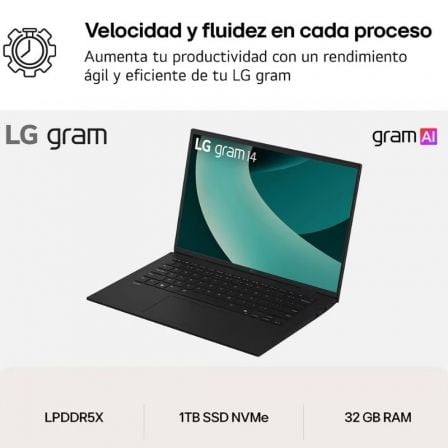 Portátil LG Gram 14ZD90T-G.AX88B Intel Core Ultra 7-255H/ 32GB/ 1TB SSD/ 14"/ Sin Sistema Operativo