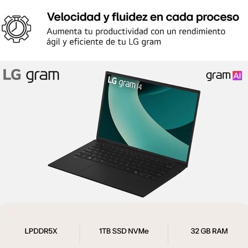Portátil LG Gram 14ZD90T-G.AX88B Intel Core Ultra 7-255H/ 32GB/ 1TB SSD/ 14"/ Sin Sistema Operativo