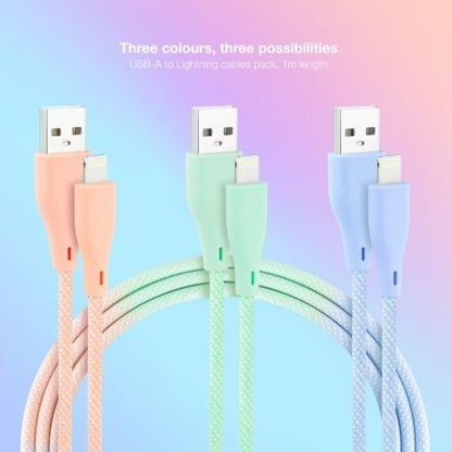Cables usb 2.0 lightning nanocable 10.10.0401-co1/ usb macho - lightning macho/ 1m/ 3 unidades/ rosa, azul y verde