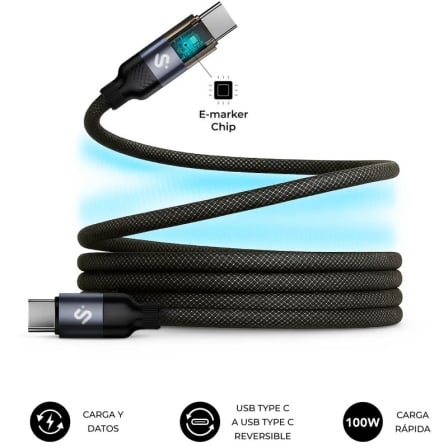 Cable usb 2.0 tipo-c subblim powermag led/ usb tipo-c macho - usb tipo-c macho/ hasta 100w/ 480mbps/ 2m/ negro