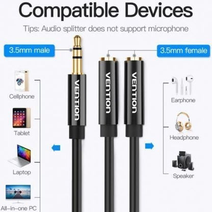 Cable estéreo vention bbsby/ jack 3.5 macho - 2x jack 3.5 hembra/ 30cm/ negro