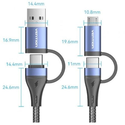 Cable usb 2.0 tipo-c vention ctllf/ usb tipo-c macho - usb macho/ microusb macho - usb tipo-c macho/ hasta 100w/ 480mbps/ 1m/