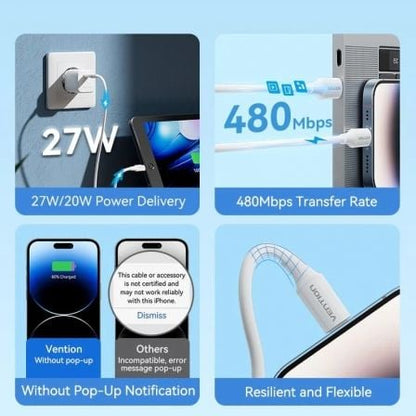 Cable usb 2.0 tipo-c lightning vention lajwf/ usb tipo-c macho - lightning macho/ hasta 27w/ 480mbps/ 1m/ blanco
