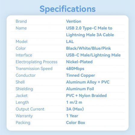 Cable usb tipo-c lightning vention lalsh/ usb tipo-c macho - lightning macho/ 27w/ 480mbps/ 2m/ azul