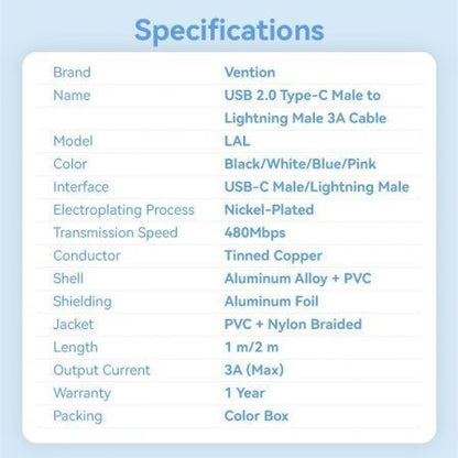Cable usb tipo-c lightning vention lalwf/ usb tipo-c macho - lightning macho/ 27w/ 480mbps/ 1m/ blanco