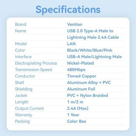 Cable usb 2.0 lightning vention lansf/ usb macho - lightning macho/ 480mbps/ 1m/ azul