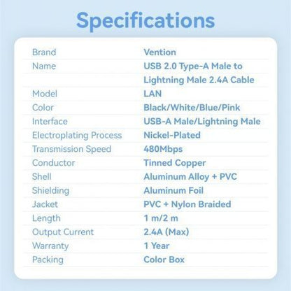 Cable usb 2.0 lightning vention lansf/ usb macho - lightning macho/ 480mbps/ 1m/ azul