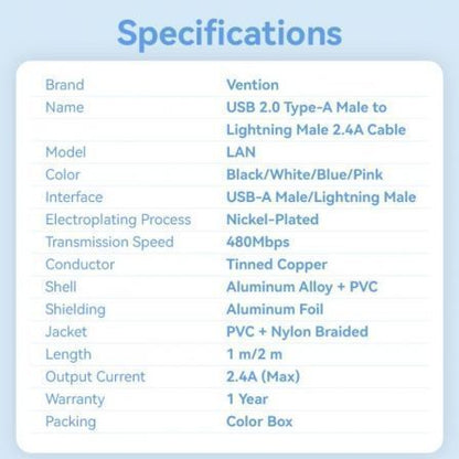 Cable usb lightning vention lanwf/ usb macho - lightning macho/ 480mbps/ 1m/ blanco