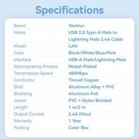 Cable usb lightning vention lanwh/ usb macho - lightning macho/ 480mbps/ 2m/ blanco