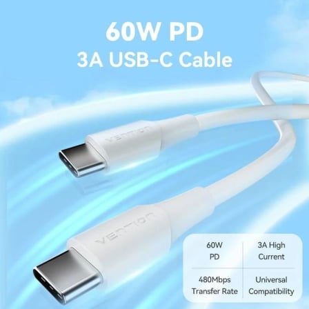 Cable usb 2.0 tipo-c 3a vention taxwd/ usb tipo-c macho - usb tipo-c macho/ hasta 60w/ 480mbps/ 50cm/ blanco