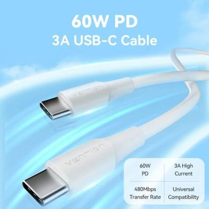 Cable usb 2.0 tipo-c 3a vention taxwd/ usb tipo-c macho - usb tipo-c macho/ hasta 60w/ 480mbps/ 50cm/ blanco