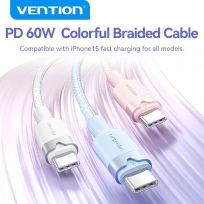Cable usb 2.0 tipo-c 3a vention trdwh/ usb tipo-c macho - usb tipo-c macho/ hasta 60w/ 480mbps/ 2m/ blanco