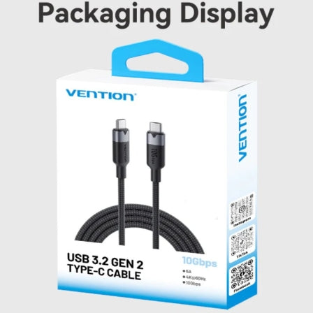 Cable usb 3.2 tipo-c 5a vention trgbd/ usb tipo-c macho - usb tipo-c macho/ hasta 100w/ 10gbps/ 50cm/ negro