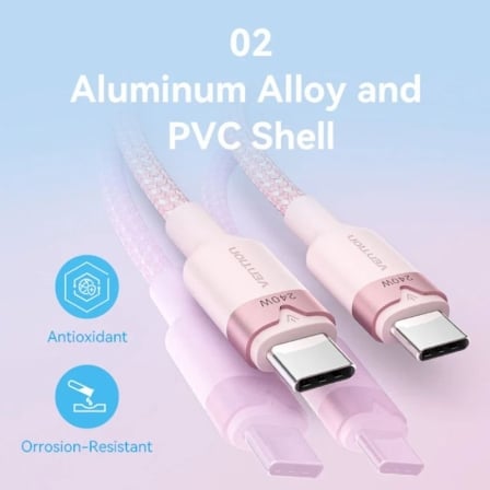 Cable usb 2.0 tipo-c 5a vention tripf/ usb tipo-c macho - usb tipo-c macho/ hasta 240w/ 480mbps/ 1m/ rosa
